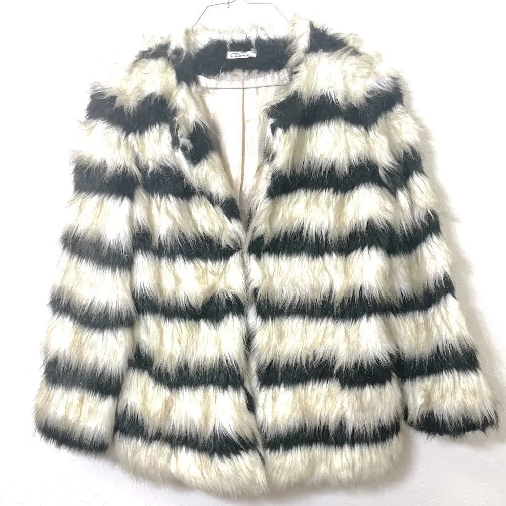 Carmin Black and Ivory Striped Fuzzy Faux Fur Coat size small